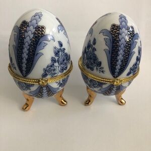 Blue and White Decorative Egg Set with Gold Accents
